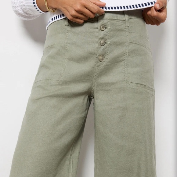 Evereve Joelle Stretch Linen Olive Wide-Leg Crop Pants - Picture 4 of 15